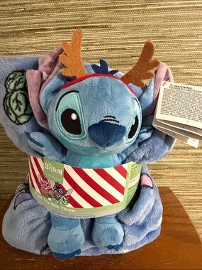 NWT Disney Blue Stitch Plush with Brown Reindeer Antlers